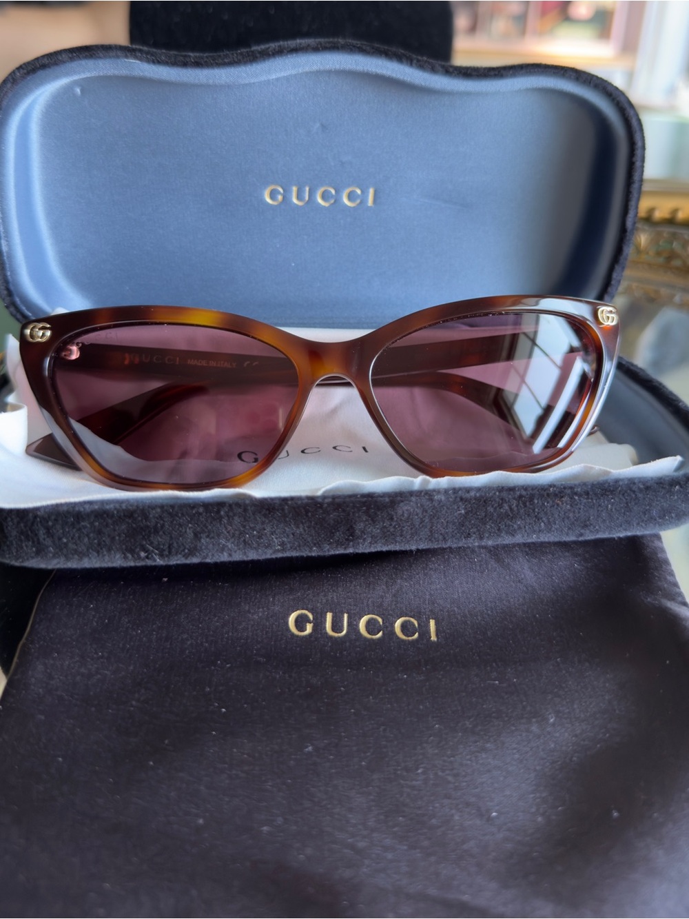 Gucci Brown Tortoiseshell Cat Eye Sunglasses with Purple Lenses
